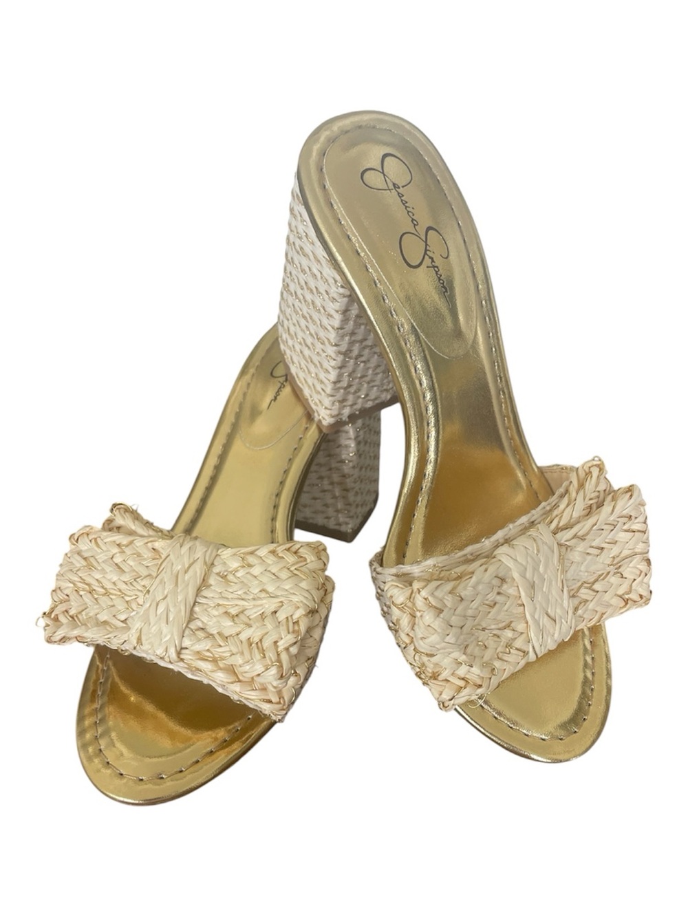 Jessica Simpson Romilda Raffia Gold Bow Block Heel Sandal